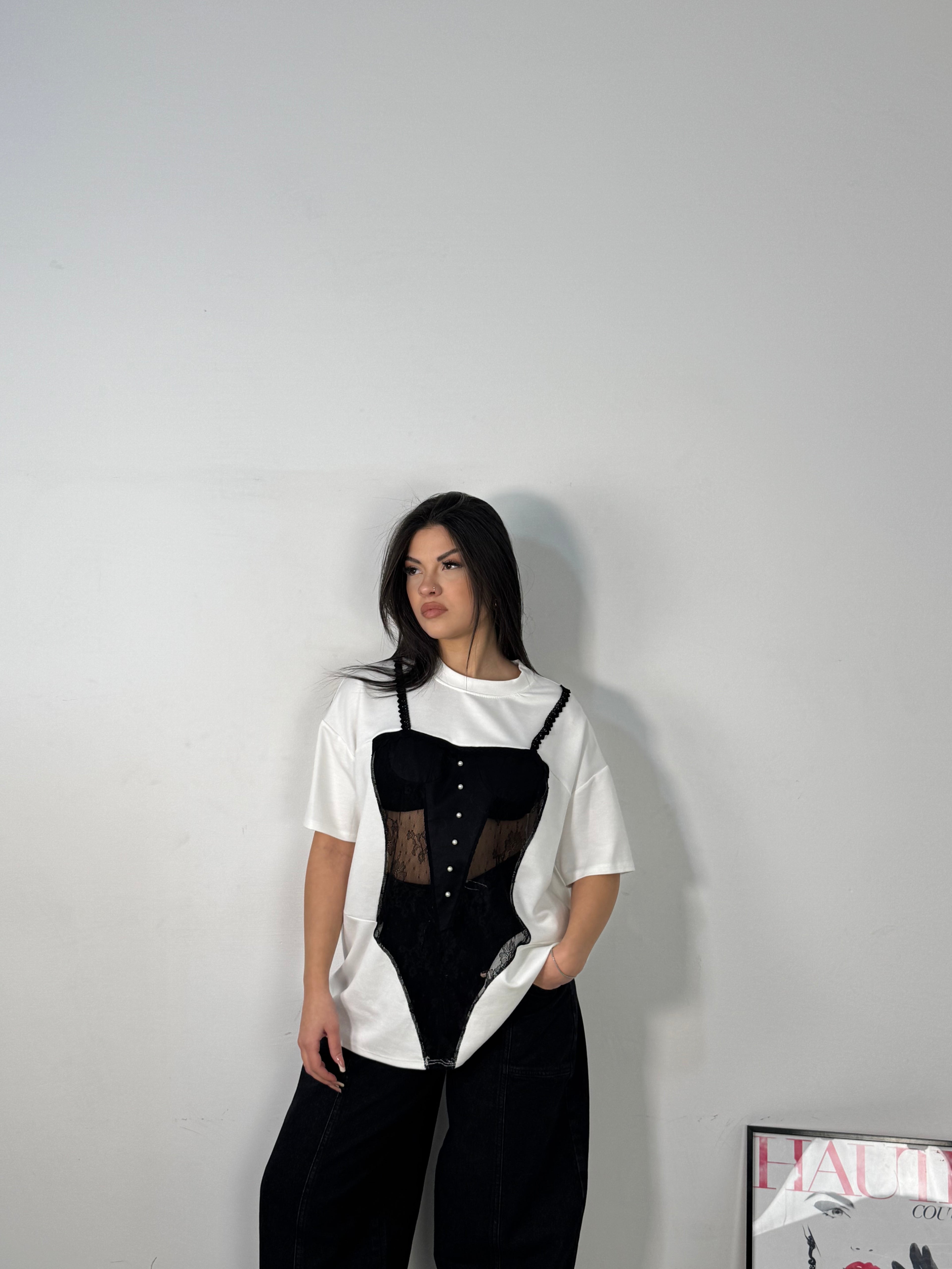 T-SHIRT WHITE STAMPA PIZZO