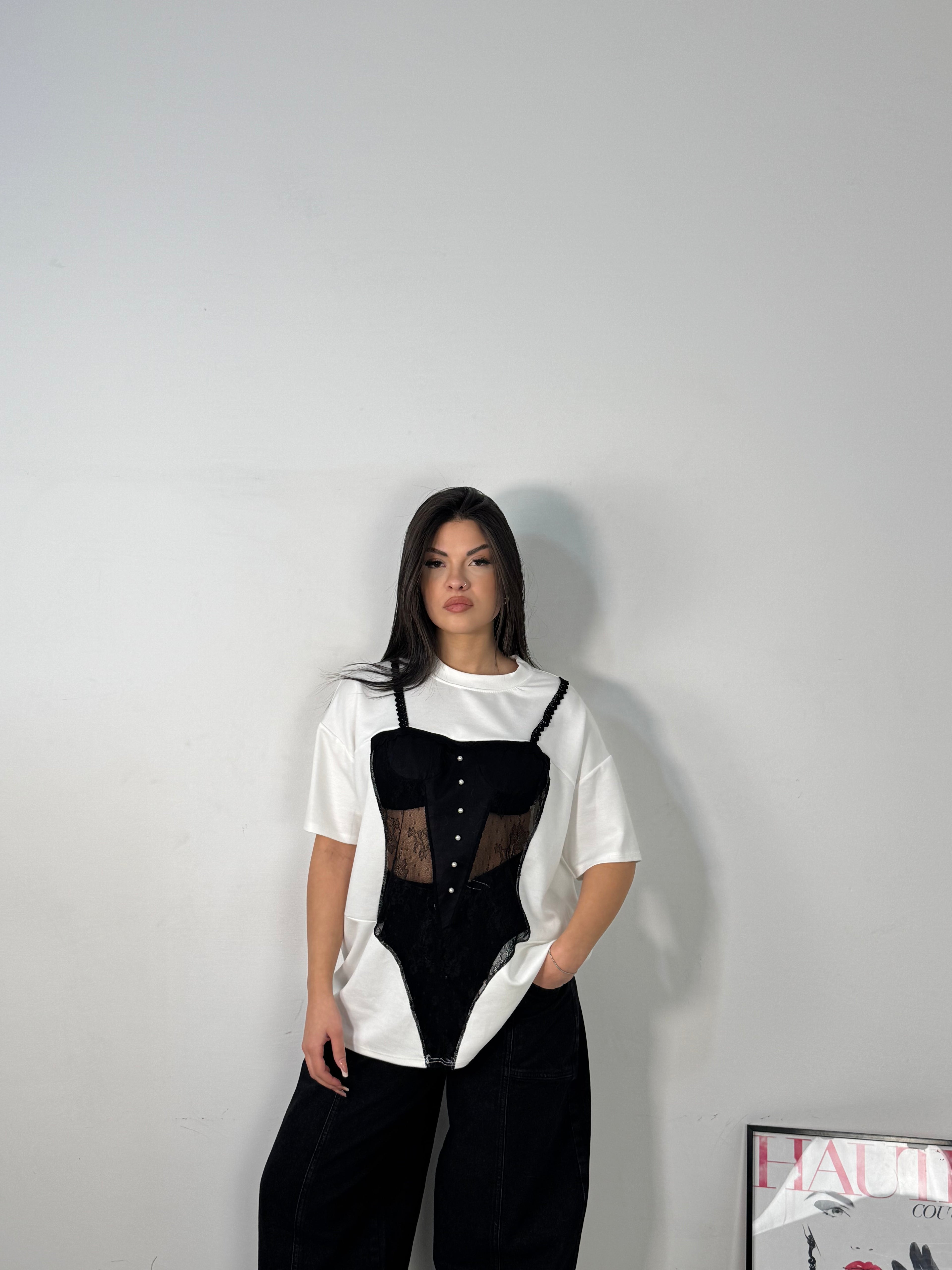 T-SHIRT WHITE STAMPA PIZZO